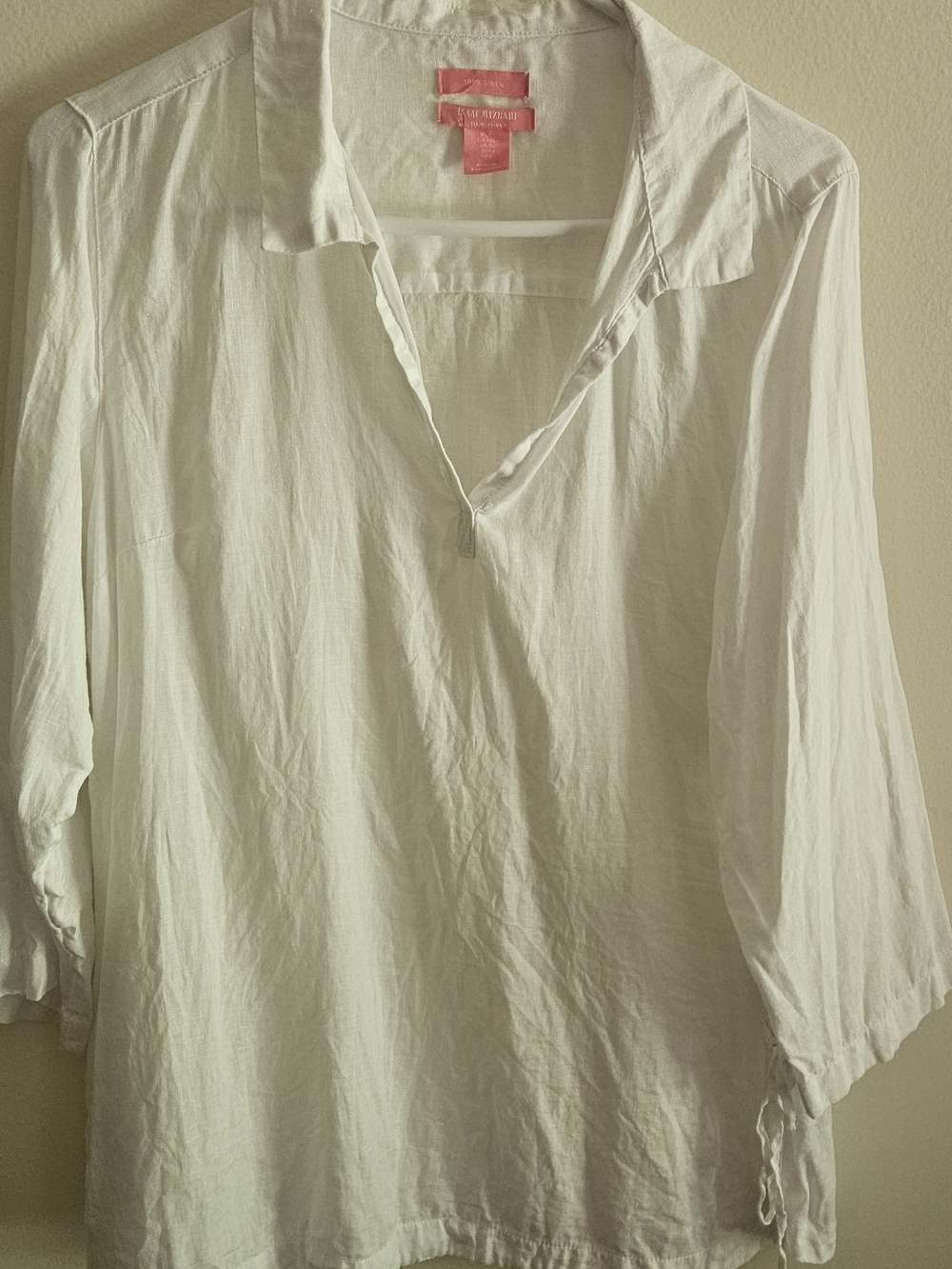 Isaac Mizrahi White Collared V-Neck Tunic, Beach Cover, Vacation, Resort Wear